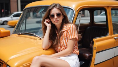 A woman leans on a yellow car wearing sunglasses in the city