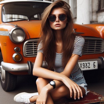 A woman wearing sunglasses sits in front of a classic car