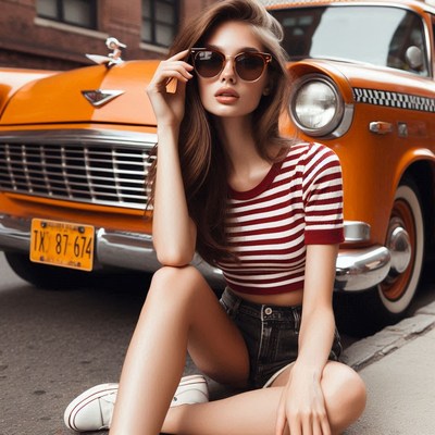 A woman sits in front of a yellow car in the city