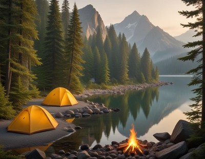 Two tents sit beside a lake in the mountains