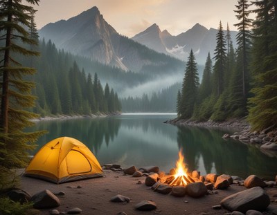 A tent and campfire by a mountain lake at sunset