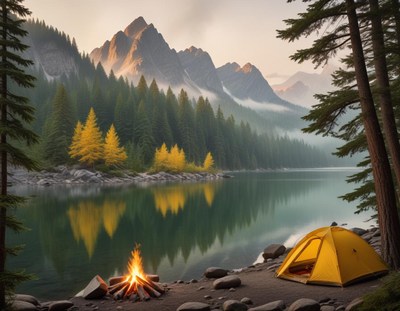 A yellow tent is pitched on the rocky shore of a calm lake