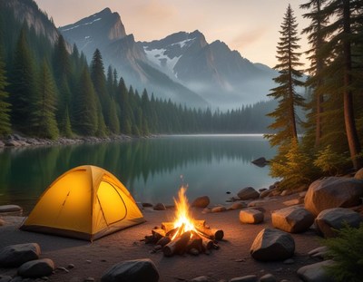 A yellow tent sits on the lakeshore in front of a campfire