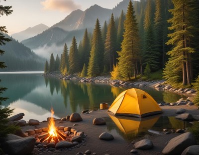 A yellow tent sits by a campfire on the shore of a lake