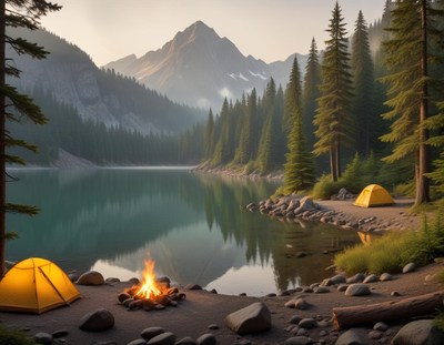 A campfire burns on the lakeshore near two yellow tents