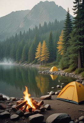A campfire burns bright near a lake in the mountains