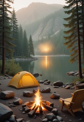A campfire burns bright by a lake at sunset