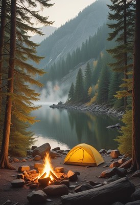 A campfire burns brightly on the shore of a mountain lake
