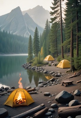 A campfire burns bright under a yellow tent by the lake