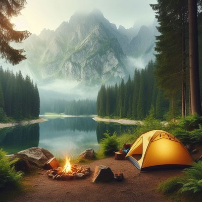 A yellow tent sits near a roaring fire on the edge of a lake