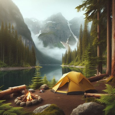 A yellow tent sits by a calm lake in the mountains
