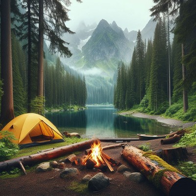 A tent sits by a campfire near a lake in the mountains