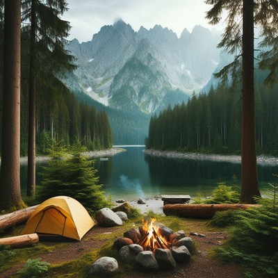 A campsite by a lake with mountains in the background