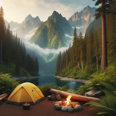 A yellow tent sits by a campfire in the mountains