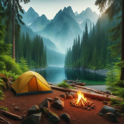 A campsite near a lake with mountains in the background