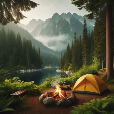 A campfire burns bright in the forest, with a tent nearby