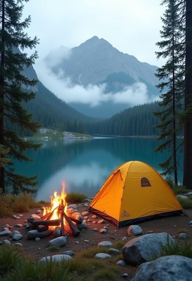 Campfire by a tent at a serene mountain lake