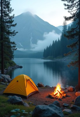Yellow tent by campfire near mountain lake