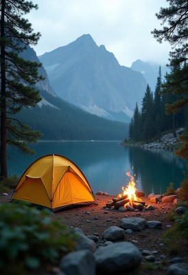 A tent sits by a campfire near a lake and mountains