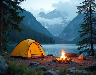 Yellow tent by campfire at mountain lake shore