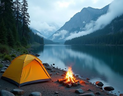 A tent sits by a campfire on a lake shore
