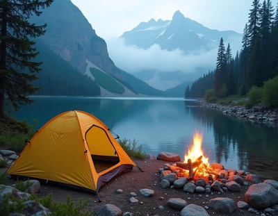 Yellow tent by campfire near lake in mountains