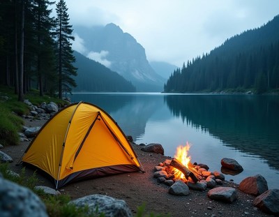 A yellow tent sits on the shore of a lake at dusk