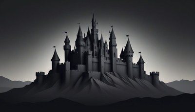A dark castle stands tall on a hilltop