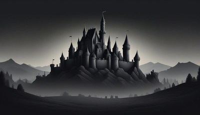 A large castle sits atop a hill in a dark, misty landscape