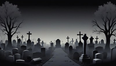 A foggy cemetery path leads through rows of headstones