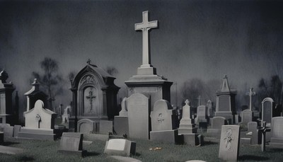 A cemetery with tall tombstones under a cloudy sky
