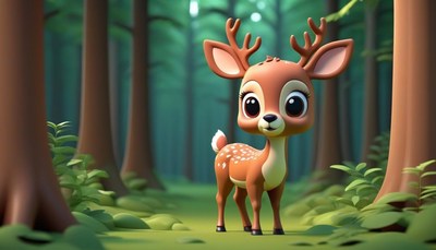 A cute cartoon deer stands in a forest
