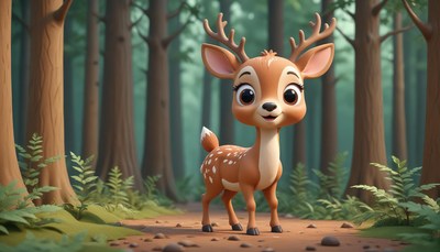 A cartoon deer walks through a forest