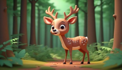 A cute deer stands on a path in a green forest