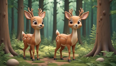 Two deer stand in a forest