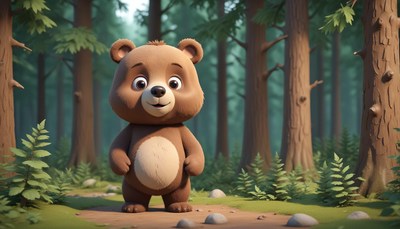 A happy bear stands in a forest clearing