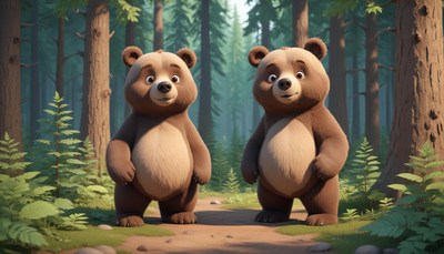 Two brown bears stand in a forest