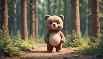 A small brown bear stands on a path in a forest