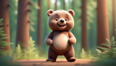 A happy brown bear stands in a forest