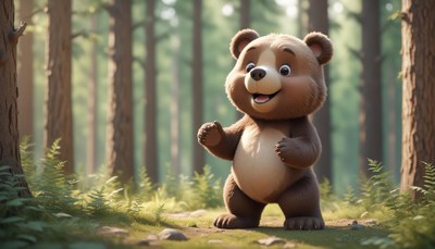 A happy bear cub stands in a forest