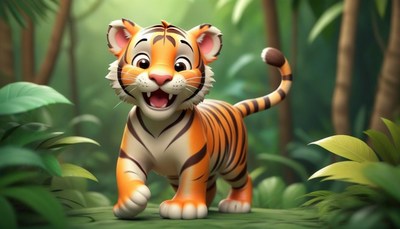 A happy tiger cub walks through the jungle