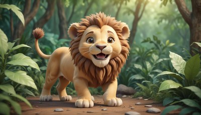 A young lion walks through a lush jungle