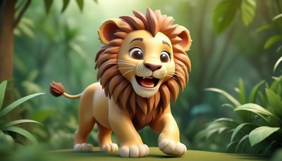 A cute lion cub walks through the jungle