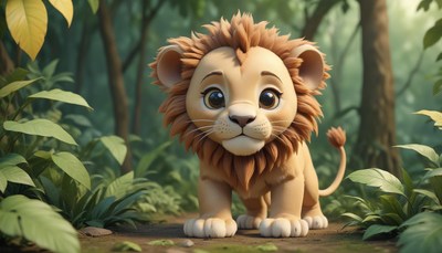 A cute lion cub stands in a lush jungle