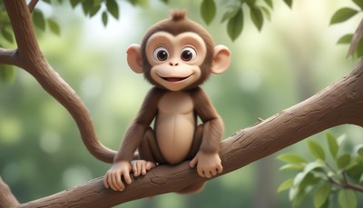 A happy monkey sits on a branch in the forest