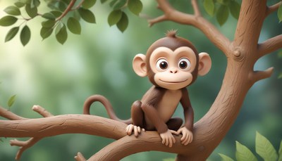 A cute monkey sits on a branch in the forest