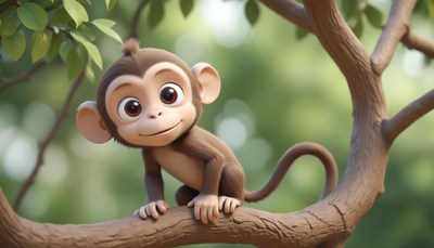 A cute monkey sits on a branch in a tree