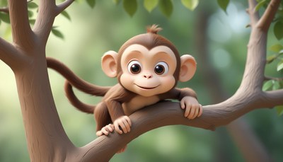 A cute monkey sits on a tree branch