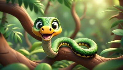 A smiling snake rests on a branch in a jungle