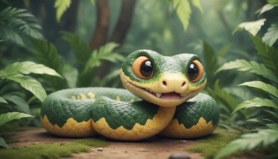 A cute, green snake with big eyes sits in the jungle